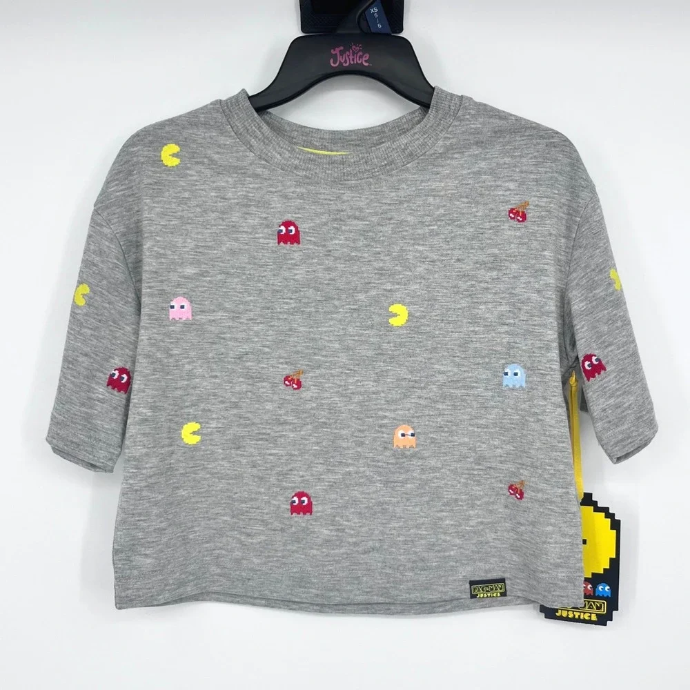 Justice Pac-Man Graphic Tee Girls XS 5/6 Grey‎ Cropped Embroidered Retro Gamer